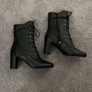 NEW Black Longchamp Leather Laceup Crocodile booties